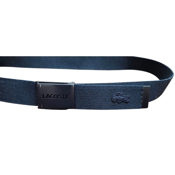 Lacoste Men’s Navy Blue Webbed Belt | Silver Logo Buckle Casual Designer Accesso - Picture 4 of 11